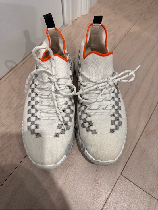 Hermes Shoes - Hermes Cream Knit Sneakers with Orange Trim